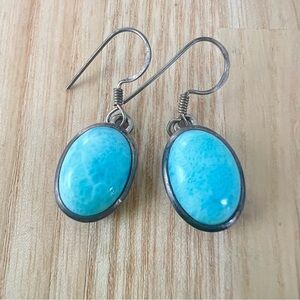 Artisan 925 Sterling silver oval blue stone dangle earrings on hooks